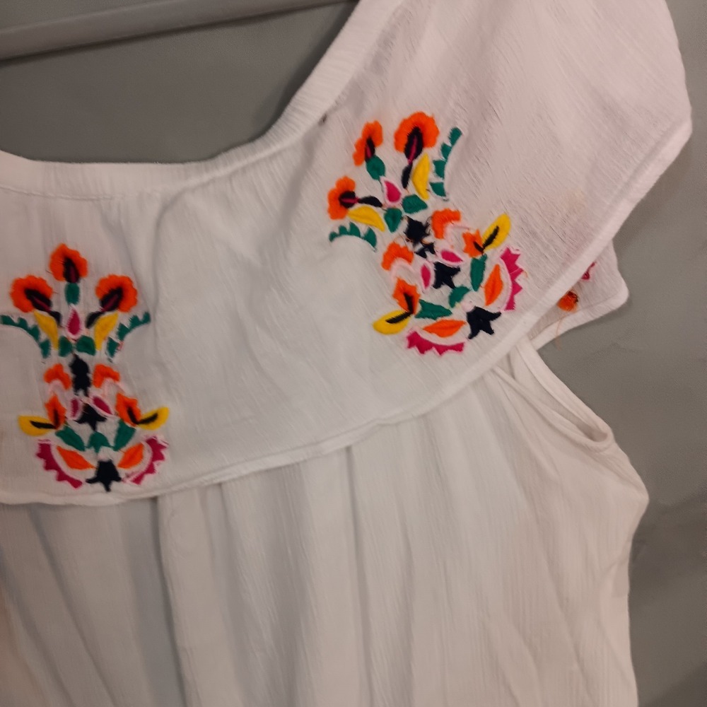 Peasant Top Blouse Large White Embroidered Off Shoulder Rayon Aztec Boho Gauzy - Picture 8 of 8